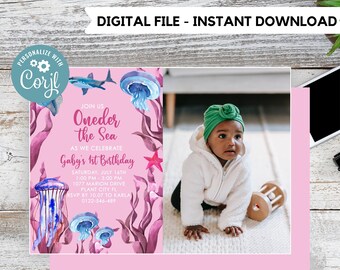 Oneder the sea Invitation with photo | Editable Ocean Invitation | under the sea party | under the sea Evite | girl birthday | any age #K149