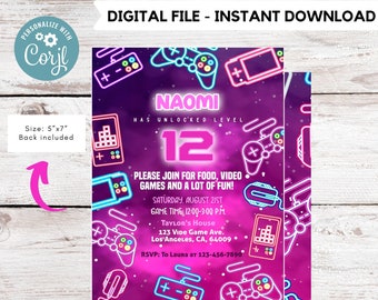 Editable videogame invitation | Digital neon video gamer printable invite | Birthday girl | neon Invitation | Personalize Online #K72
