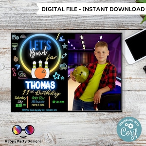 EDITABLE Bowling Birthday Boy with picture | Bowling Boy Invitation | Birthday Boy | invitation with photo | Digital | Neon  Party #K4
