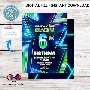 EDITABLE Boy 6th birthday invitation | Neon Glow in the dark Party | Birthday Boy | 6th Neon Green Blue Birthday #K185