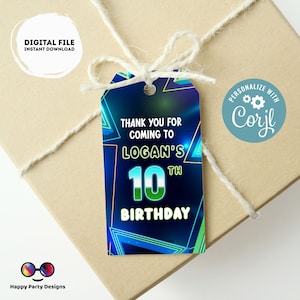 Tag EDITÁVEL do favor do menino | Brilho de néon no obrigado escuro do partido que você etiqueta | Tag do menino do aniversário | Aniversário verde azul néon | etiqueta azul brilhante #K185