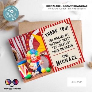 Carnaval Verjaardag Bedankkaart met foto | Circusfeest | Circusverjaardag | Bewerkbare directe download | Online bewerken #K212