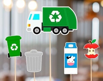 May include: A set of five green, white, and red cardboard cutouts for a recycling themed party. The cutouts include a green recycling truck, a green recycling bin, a gray trash can, a blue carton of milk with a cow on it, and a red apple with a bite taken out of it. Each cutout has a stick attached to the back.