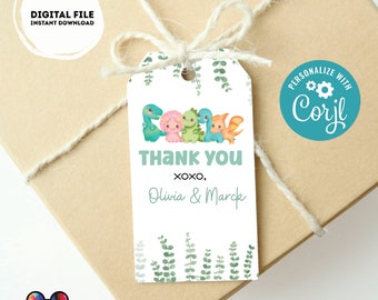 May include: A white thank you tag with a green border and a eucalyptus leaf design. The tag features a group of cartoon dinosaurs and the text "THANK YOU XOXO, Olivia & Marck".