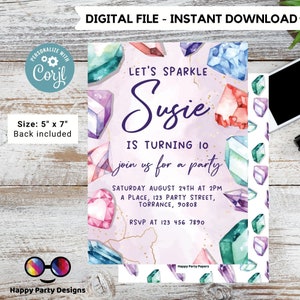 Editable let&#39;s rock Birthday Invitation Template | Pink Geode Birthday Invitation | Printable Birthday | She&#39;s a Gem party invite #K173