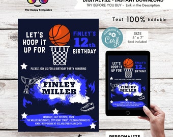 May include: Basketball-themed birthday invitation with blue and white paint splatters on a dark blue background. The invitation says "Let's Hoop It Up For Finley's 12th Birthday".