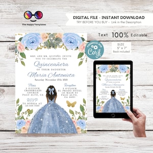 Editable Elegant blue Quinceañera Invitation | EDITABLE TEMPLATE Mis Quince 15 | 16th Birthday Instant Download | light blue dress #K327