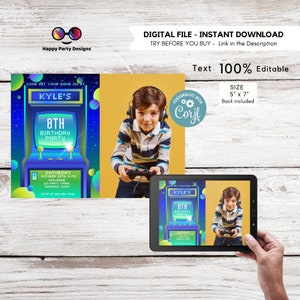 Editable Arcade Birthday Invite Template | Printable Neon Arcade Party Invitations photo | Birthday boy | Gaming Arcade Birthday Party #K248