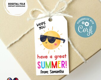 May include: A white gift tag with a cartoon sun wearing sunglasses and the text "Hope you have a great SUMMER! From: Samantha". The tag is tied with twine to a brown gift box. The text "PERSONALIZE WITH Corjl" is on a blue circle sticker on the box.