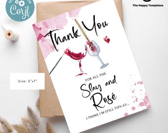 Może przedstawiać: Kartka z podziękowaniem z akwarelową ilustracją kieliszka wina z pędzlem w środku. Tekst brzmi: "Dziękuję za całe Slay and Rosé Myślę, że nadal jestem tips-ay..."