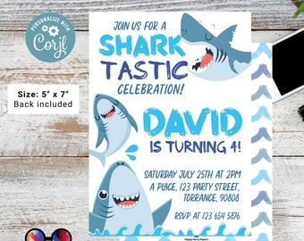 May include: A blue and white shark-themed birthday invitation for a boy turning four. The invitation features a shark illustration and the text "Join us for a Shark Tastic Celebration! David is turning 4!" with party details below.