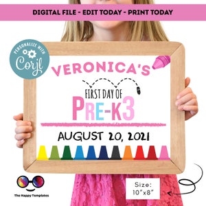 Editable First day of Pre-K3 | Pre-K3 Sign | 1st Day of Pre-K3 Sign | personalized school sign | preschool | Girl sign