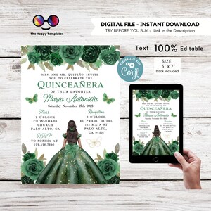 Editable Hunter green Quinceañera Invitation | EDITABLE TEMPLATE Mis Quince 15 | 16th Birthday Instant Download | green and gold dress #K320