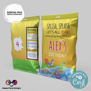 May include: A yellow and green printable party favour bag with a dinosaur theme. The bag has the text "Splish, Splash Let's All Roar! Come party like a Dinosaur Alex's Birthday" and a cartoon illustration of dinosaurs in a pool. The bag is designed to be personalised with the Corjl app.