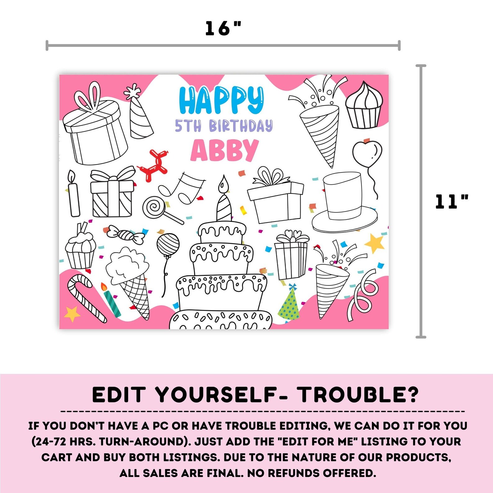 Editable Happy Birthday Coloring Page With a Pop of Color | Placemat ...
