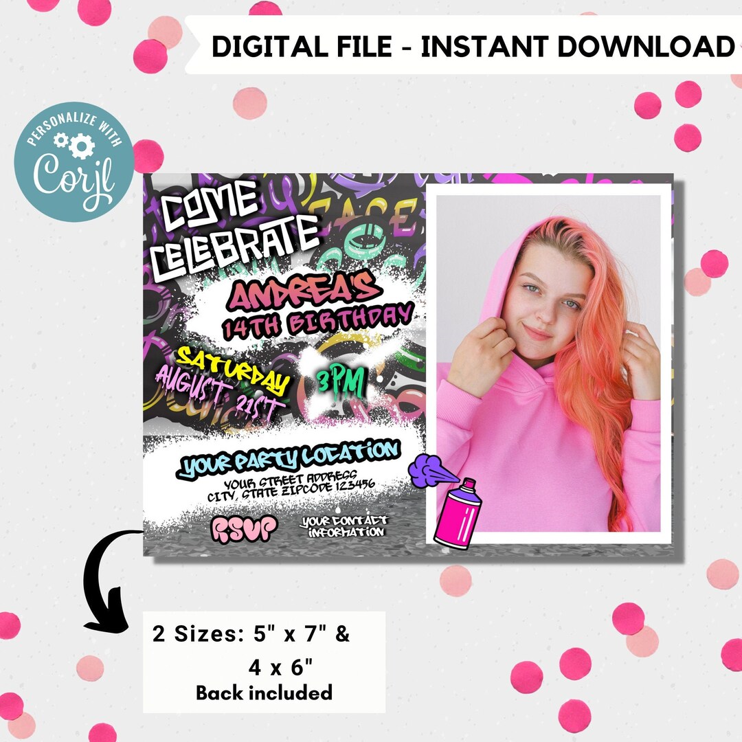 Editable Graffiti Invitation With Photo Digital Graffiti Printable Invite Birthday Girl Graffiti