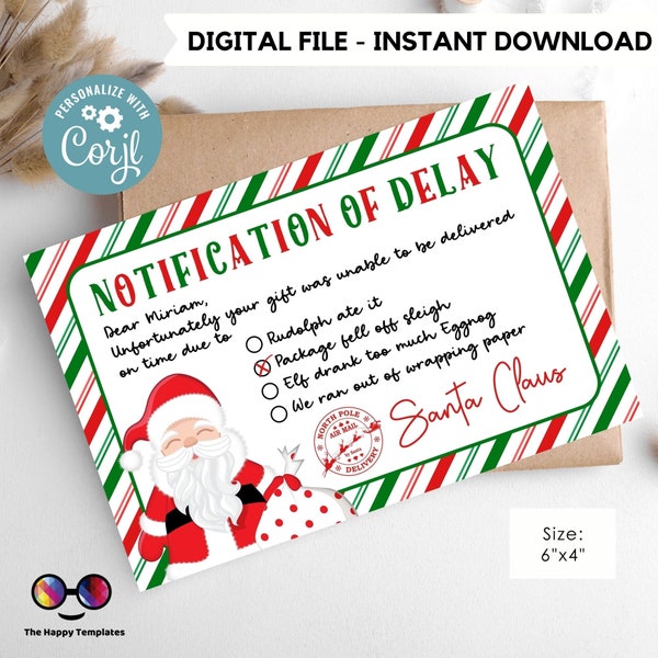 EDITABLE Notification of delay label | Christmas Gift Delay Notification | Funny late gift excuse | Printable Late Christmas Present #A72