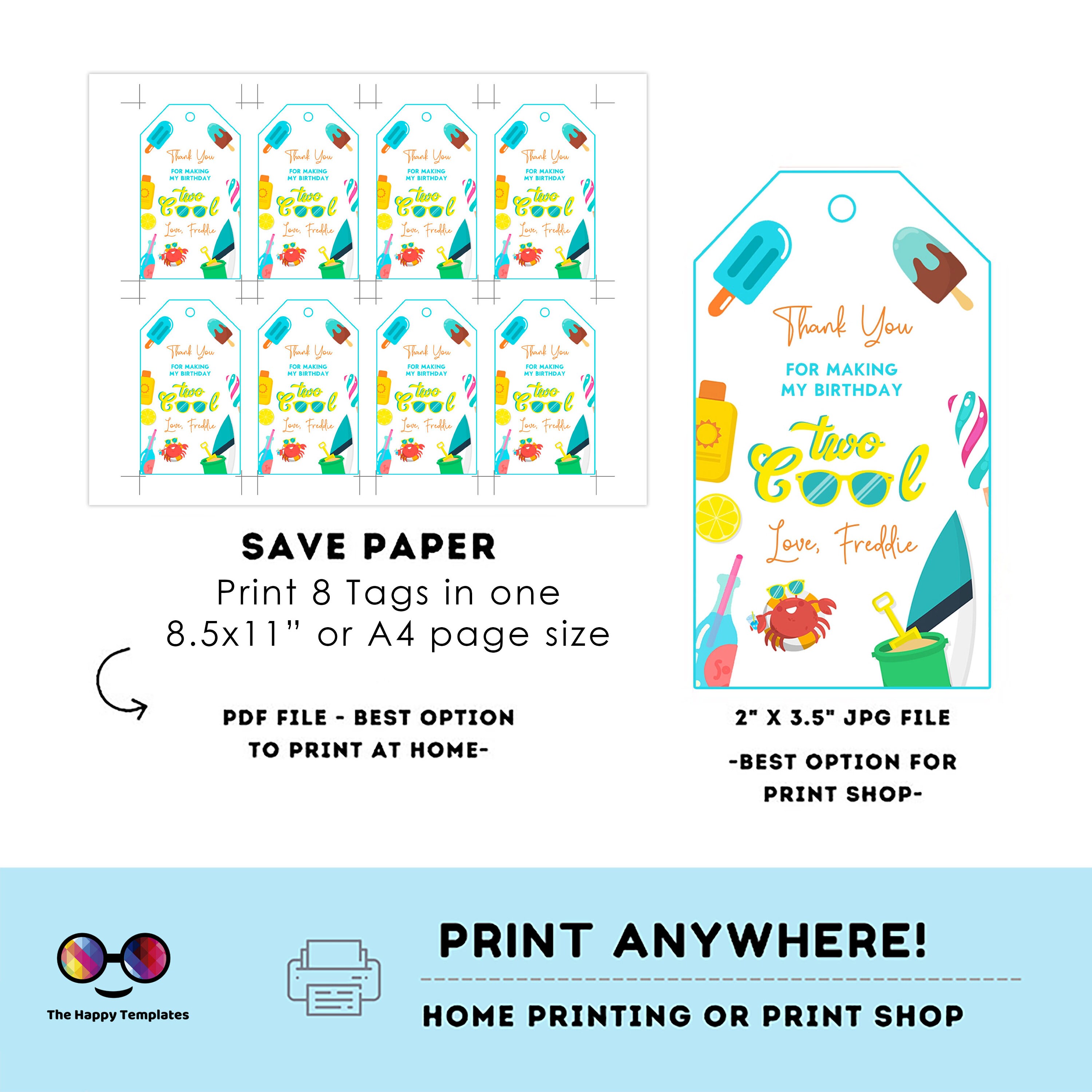Editable Two Cool Birthday Thank You Gift Tags | Summer Favor Tags ...