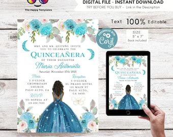 Editable Turquoise Blue Quinceañera Invitation | EDITABLE TEMPLATE Mis Quince 15 | 16th Birthday Instant Download | Girl Birthday #K315