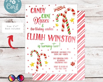 Candy Cane Christmas Birthday party Invitation | Christmas Birthday printable invite | Holiday Birthday Party Invitation | Sweets Red #K267