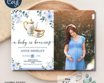 May include: A blue and white baby shower invitation with a teapot and teacup illustration. The text reads "a baby is brewing" and includes the details of the party, including the date, time, location, and RSVP information. The invitation also features a photo of a pregnant woman.