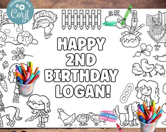 Editable Farm animals and kids XL coloring page | Farm birthday table runner | Any Age | Barnyard birthday | Game Farm Party Activity