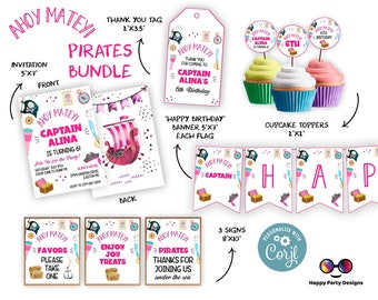 Pirate Invitation Bundle Pirate Birthday Party / Pirate Invite / Pirate Ship Party Invite / Girl birthday / any age / editable Corjl #K108