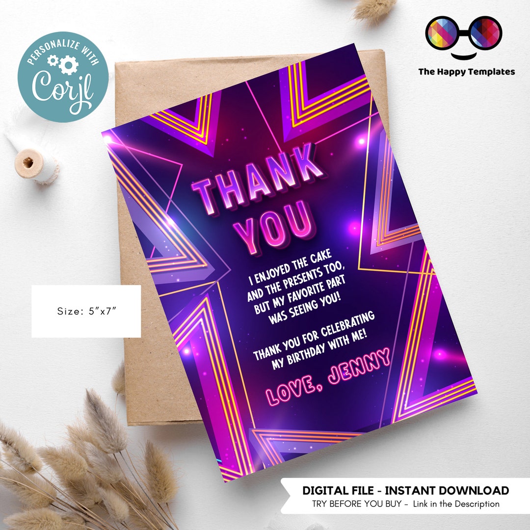 Neon Lights Thank You Card | Neon Glow in the Dark Party | Birthday ...