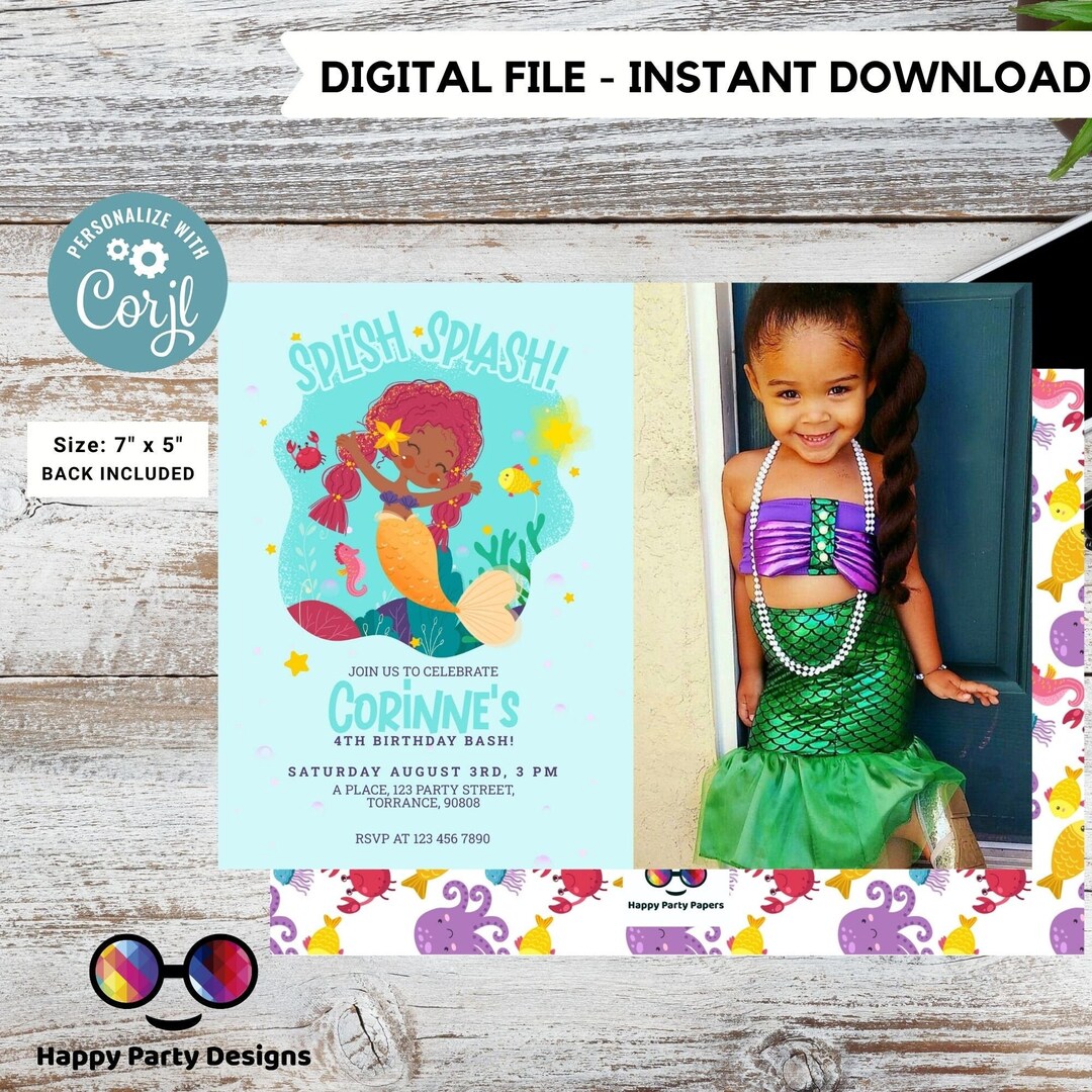 Editable Mermaid Invitation With Photo African American Mermaid Party