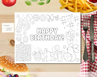 May include: Black and white printable coloring page featuring a bunny rabbit theme. The page includes a maze, tic-tac-toe game, and a count-the-flowers activity. The text "Happy Birthday!" is at the top of the page. The page is designed for a child's birthday party.