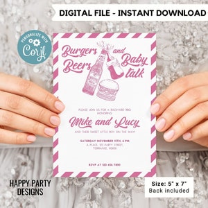 Editable Burgers Beers and Baby talk invitation | Baby girl Shower Invitation | Co-ed Baby Shower | BabyQ | Barbeque | beer | drinks #B42