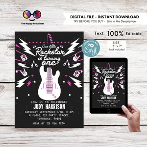 Unser kleiner Rockstar wird ein Jahr | Rock &#39;n Roll Geburtstagseinladung | Mädchen Rock Star Party Invite | Rock Gitarre Geburtstagseinladung #K262