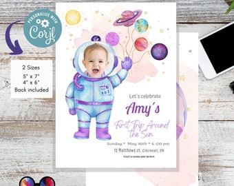 Editable Outer Space First Birthday Invitation Galaxy Blast Off First Trip Around the Sun Space Girl photo Download Printable Template Corjl