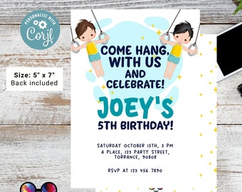 Editable Rings Gymnastics Birthday Invitation | Gymnastic rings Invitation | Boy Gymnasts Birthday Invite | Artistic gymnastics  #K235