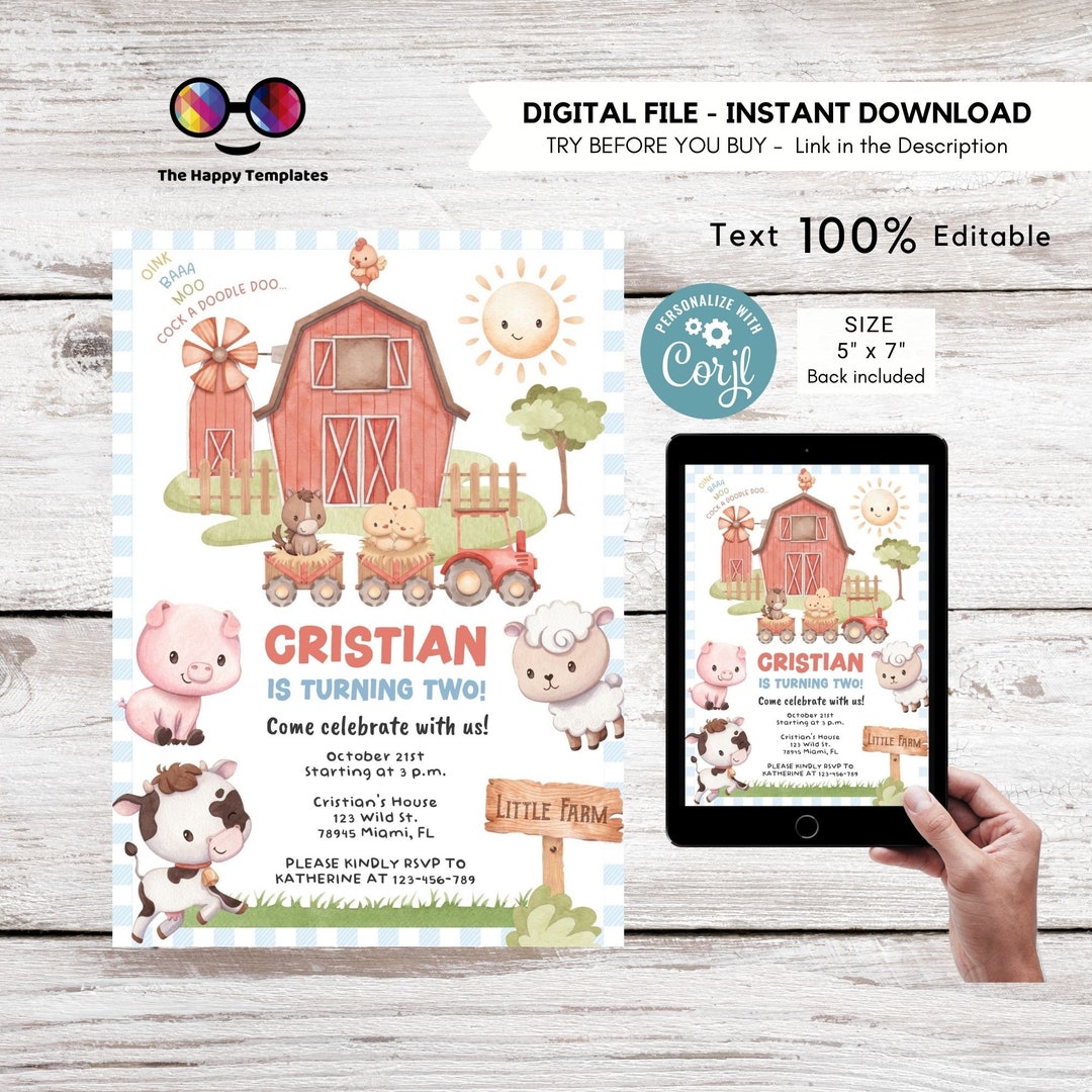 Editable Farm Birthday Invitation Boy | Farm Baby Animals Barnyard ...