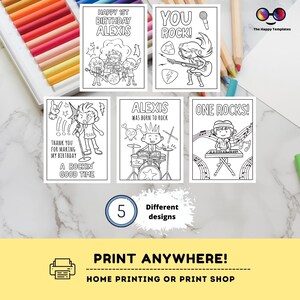 May include: Five black and white printable coloring pages featuring rock and roll themed birthday cards. The cards feature a microphone, drums, guitar, keyboard, and a band.