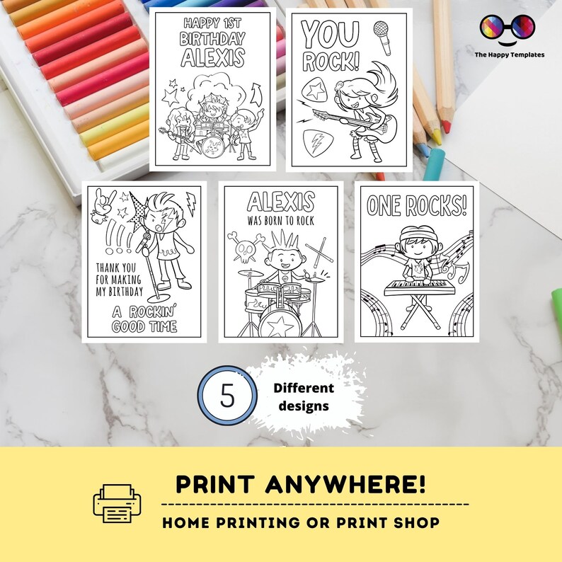 May include: Five black and white printable coloring pages featuring rock and roll themed birthday cards. The cards feature a microphone, drums, guitar, keyboard, and a band.