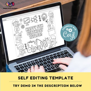 Puede incluir: Una descarga digital imprimible en blanco y negro de una tarjeta de cumplea&ntilde;os con tem&aacute;tica cient&iacute;fica. La tarjeta presenta a un cient&iacute;fico de dibujos animados, vasos de precipitados, tubos de ensayo y el texto "&iexcl;Feliz 5&ordm; cumplea&ntilde;os Taylor!" La tarjeta est&aacute; dise&ntilde;ada para ser personalizada con Corjl.