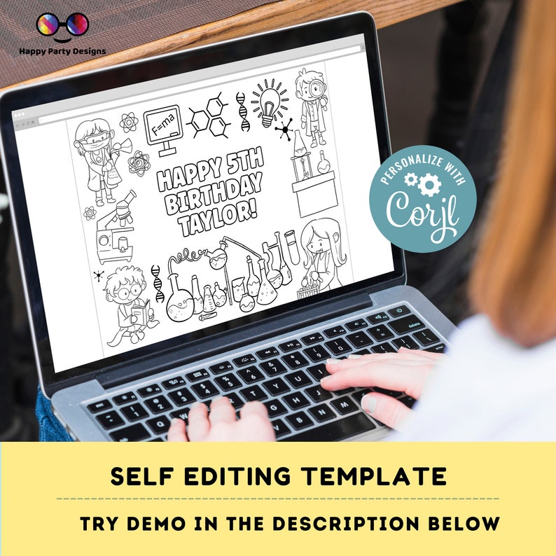 Puede incluir: Una descarga digital imprimible en blanco y negro de una tarjeta de cumplea&ntilde;os con tem&aacute;tica cient&iacute;fica. La tarjeta presenta a un cient&iacute;fico de dibujos animados, vasos de precipitados, tubos de ensayo y el texto "&iexcl;Feliz 5&ordm; cumplea&ntilde;os Taylor!" La tarjeta est&aacute; dise&ntilde;ada para ser personalizada con Corjl.