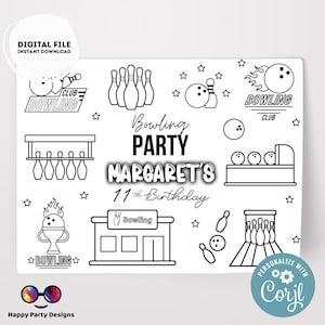 Bewerkbare Bowling kleurplaat | Placemat kleurplaat | Elke leeftijd | Bowling verjaardag | Bowling Party Activiteit #KID3
