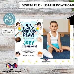 Flip, tumble, Jump and Play Editable Gymnastics Birthday Invitation with photo | Boy Tumbling Gymnast Birthday Invite | tumble on over #K233
