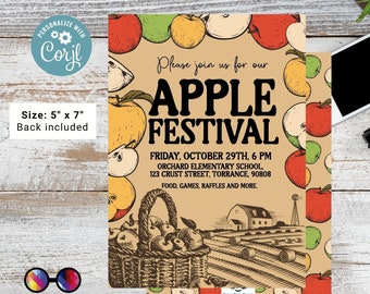 Op de afbeelding: Een uitnodiging voor een Appelfestival met een bruine achtergrond, illustraties van appels en een mand met appels. De tekst kondigt het "Appelfestival" aan met datum, tijd en locatie. Afmetingen: 12,7 cm x 17,8 cm.
