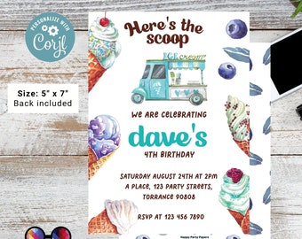 May include: A digital printable invitation for a 4th birthday party with an ice cream truck and ice cream cones. The invitation says "Here's the scoop" and "We are celebrating Dave's 4th Birthday".