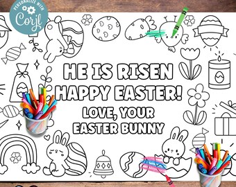 May include: A black and white printable coloring page featuring an Easter bunny, eggs, flowers, and the text "He is risen Happy Easter! Love, your Easter bunny".