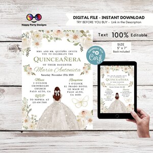 Editable SILVER WHITE dress Quinceañera Invitation | TEMPLATE Mis Quince 15 | 16th Birthday Instant Download | Girl Birthday #K278