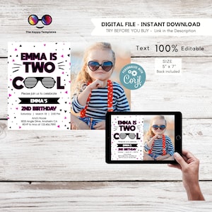 Editable Two Cool Birthday Invitation with photo | Neon | Girl Second Birthday Party | I&#39;m Two Cool Sunglasses | 2nd birthday party #K220