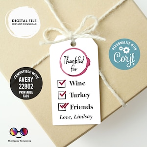 Editable Thankful for wine Favor Tags | Happy Thanksgiving Thank you tags | thanksgiving Tag | Thanksgiving wine tag | gift tag