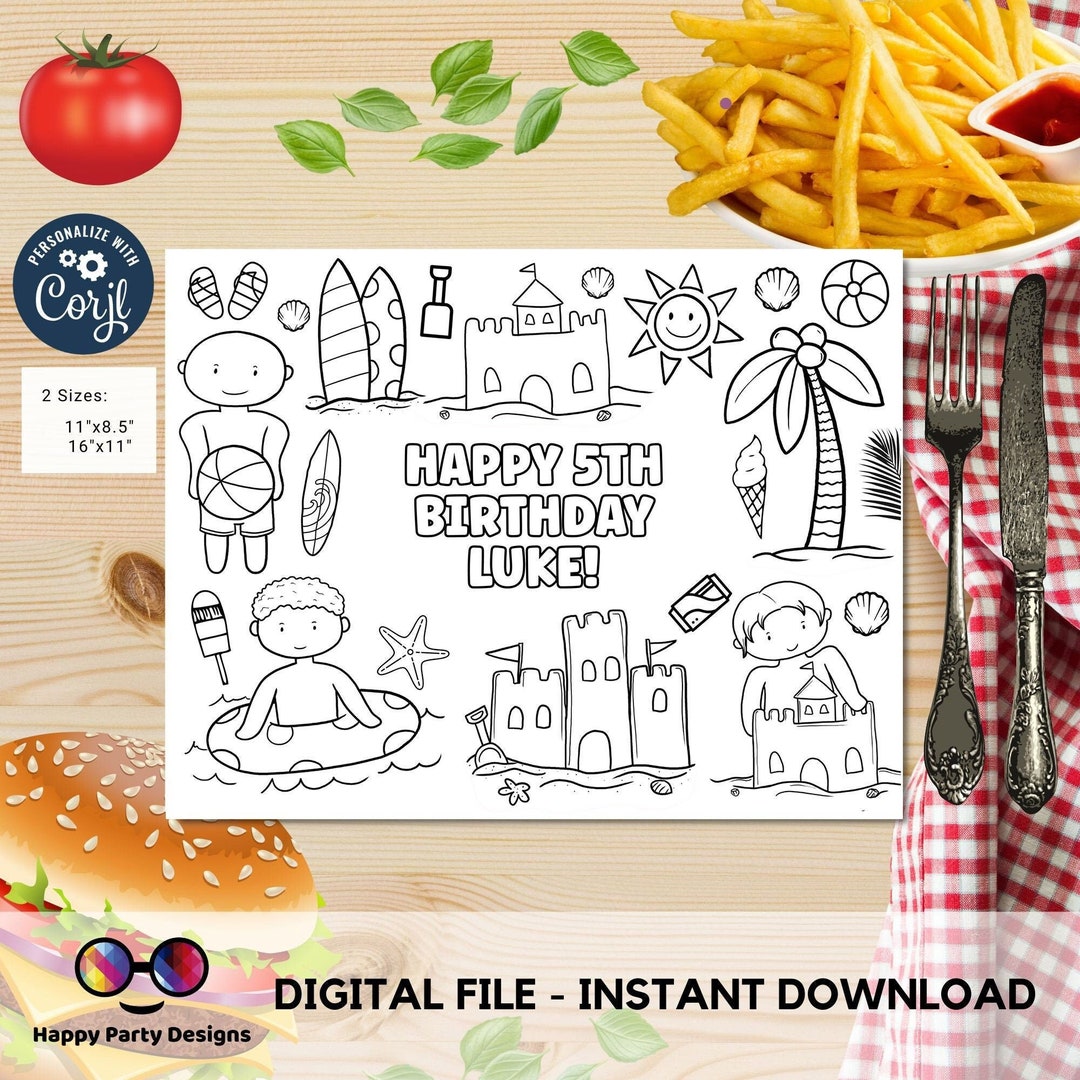 Editable Beach Day Coloring Page | Ocean Placemat | Any Age | Beach ...