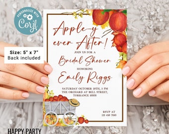 May include: A printable bridal shower invitation with a watercolor illustration of apples and fall leaves. The invitation reads "Appley ever After!" and includes the bride's name, the date, time, and location of the event. The invitation is 5 inches by 7 inches.