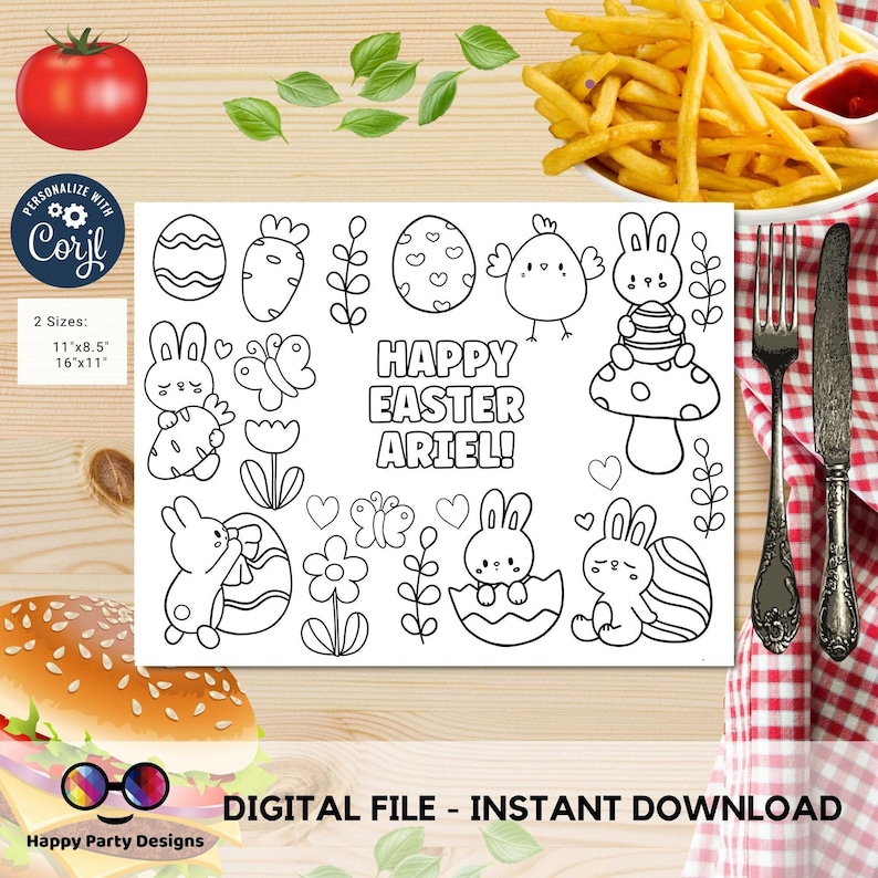 Puede incluir: Una p&aacute;gina para colorear imprimible en blanco y negro con un conejo, un huevo, una mariposa, una flor y el texto "&iexcl;Feliz Pascua Ariel!" La p&aacute;gina est&aacute; dise&ntilde;ada para la celebraci&oacute;n de Pascua de un ni&ntilde;o.